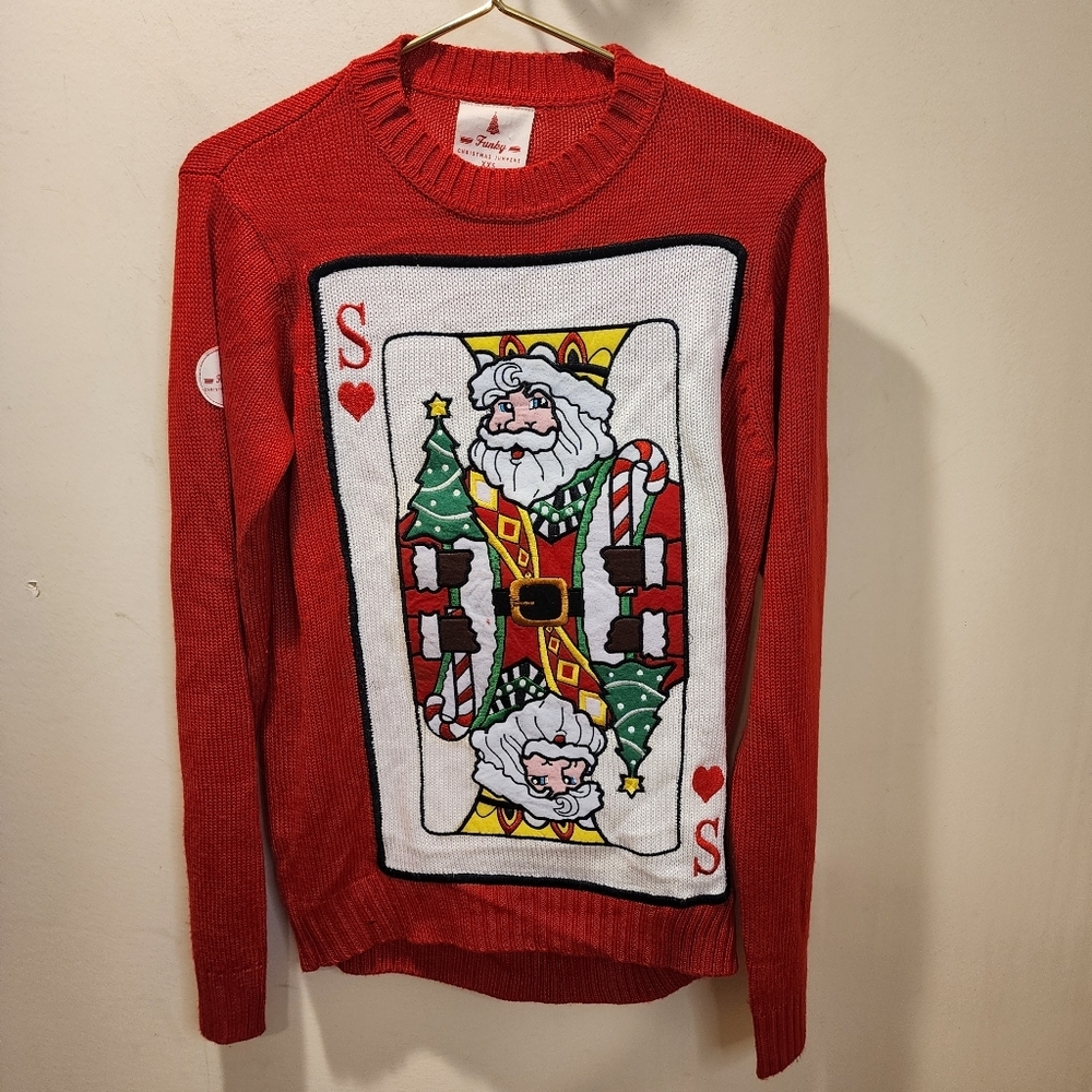 Funky Red Christmas Sweater with Santa Playing Card Design Size XXS